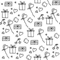 Seamless romantic pattern with gift boxes and hearts in doodle style, outlined vector