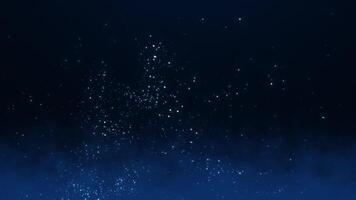 Animation of abstract glowing glitter particles. Flying bright dots and particles on a blue smoky background. seamless loop. video