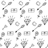Valentine pattern with diamonds, arrows and flowers in doodle style outlined vector