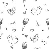Valentine pattern with hearts and pigeon in doodle style outlined vector