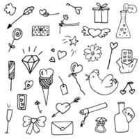 set of valentine icons in doodle style outlined vector