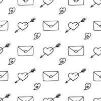 Valentine pattern with hearts and letters in doodle style outlined vector
