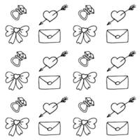 Valentine pattern with hearts, diamond rings and letters in doodle style outlined vector