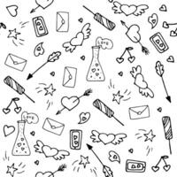 Seamless pattern with love symbols in doodle style outlined vector
