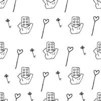 valentine pattern with chocolate and hearts in doodle style outlined vector