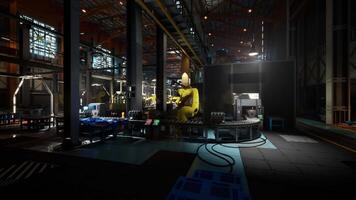 Conveyor belt with robotic arms operating in a busy factory at night video