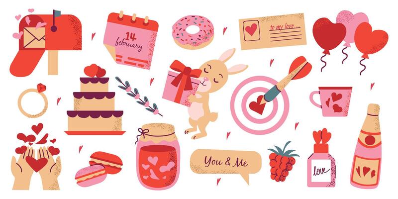 Valentine's Day elements symbols stickers set collection. Cute sweets and drinks, rabbit, wedding ring, gifts and decor