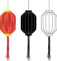 Red Octagonal Chinese Lantern with Red Rope with Black Solid and Outline Version vector