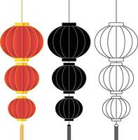 Three levels Red Circle Chinese Lantern with Black Solid and Outline Version vector