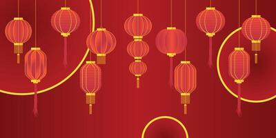 Collection of Circle and Octagonal Red Chinese Lantern on Red Gradient Background vector