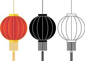 Red Circle Chinese Lantern with Gold Rope with Black Solid and Outline Version vector