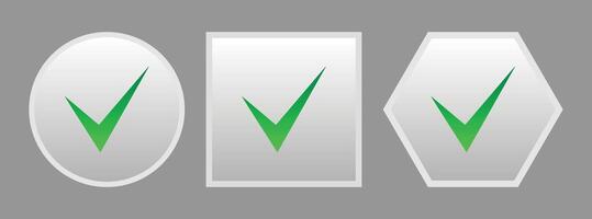 Green check mark with circle, square, and hexagonal shape frame. vector