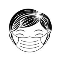 Young boy wearing medical face mask drawing black line illustration vector