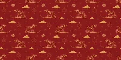 Chinese New Year of the snake seamless pattern. Outline golden snake, lantern and other symbols in geometric style on red background. Illustration for background, banner, card, wrapping paper vector