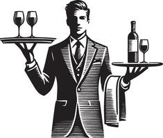 A Waiter Balancing a Wine Tray with Two Hands. vector