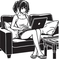 A Young Woman Use Laptop Illustration. vector