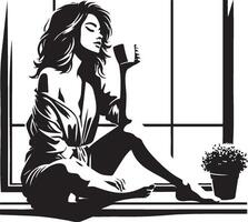 Woman Drink Coffee on Windowsill at Home. vector