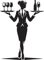 Waitress Balancing a Wine Tray with Two Hands. vector