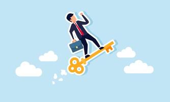 A businessman flies on a key through the sky, illustration of increasing business progress through the right solutions to business problems vector