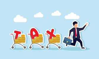 A businessman runs chased by several shopping carts filled with dollar coins and the word TAX, illustration of being pursued by responsibilities to settle business tax bills vector