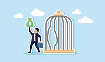 A businessman escapes from a pen showing a bag of money, illustration of overcoming business challenges due to the company's strong and stable finances vector