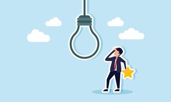 A businessman holds a star, thinking with a light bulb hanging above, illustration of confusion in creativity, ideas, and innovation to improve business quality vector