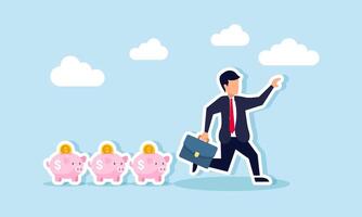 A businessman runs chased by several piggy banks, illustration of being pursued by investment targets vector
