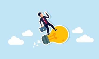 A businessman flies riding a lamp through the sky, illustration of increasing creativity in generating ideas and innovations relevant to business advancement vector