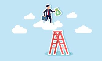 A businessman carrying a money bag climbs a cloud using a ladder, illustration of efforts in achieving business revenue and profit vector