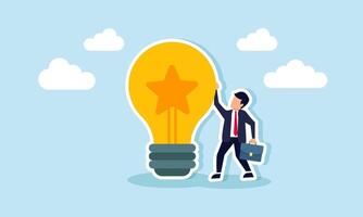 A businessman stands beside a lamp labeled with a star, illustration of creativity and business innovation as key factors in improving business quality vector