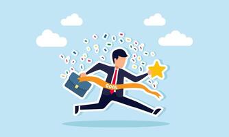 A businessman carries a star celebrating success while passing through a cloth with the word GOAL, illustration of achieving and improving business quality vector