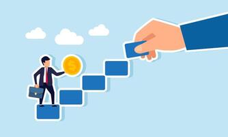 Businessman holding a dollar coin intending to climb stairs arranged by a hand, illustration of step-by-step business career growth driven by stable financial strength vector