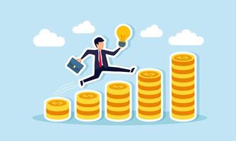A businessman carrying a lamp runs and jumps over a stack of dollar coins forming a chart, illustration of impressive progress in increasing business revenue through creative ideas vector