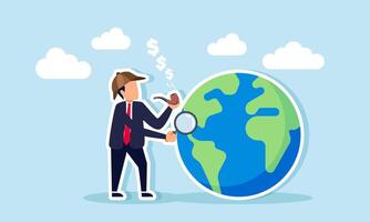 A businessman as a detective with a cigarette emitting dollar coin smoke and a magnifying glass observing a globe, illustration of analyzing global business trends to boost revenue vector