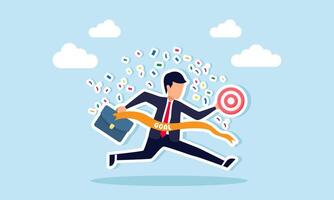 A businessman carries a target board celebrating success while passing through a cloth with the word GOAL, illustration of achieving and completing business targets vector