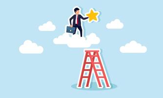 A businessman carrying a star climbs a cloud using a ladder, illustration of efforts in achieving good business ratings and quality vector