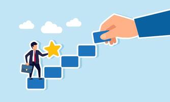Businessman holding a star intending to climb stairs arranged by a hand, illustration of step-by-step business career growth driven by business product quality vector