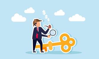 A businessman as a detective with a cigarette emitting dollar coin smoke and a magnifying glass observing a key, illustration of analyzing solutions to boost business revenue vector