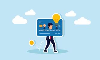 A businessman carries a lamp stuck on a debit or credit card with dollar coins falling from his pocket, illustration of limited creativity and declining financial assets due to debt burden vector