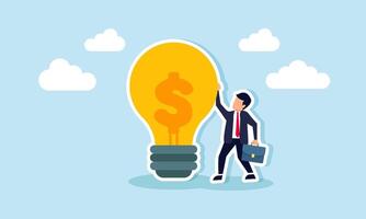 A businessman stands beside a lamp labeled with a dollar sign, illustration of creativity and business innovation as key factors in increasing business revenue vector