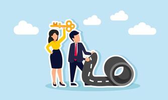 A businesswoman carries a key while a businessman tries to roll up the road, illustration of solutions in completing business tasks vector
