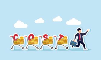 A businessman runs chased by several shopping carts filled with dollar coins and the word COST, illustration of being pursued by responsibilities to settle expenses vector