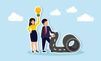 A businesswoman carries a lamp while a businessman tries to roll up the road, illustration of creativity in effectively completing tasks vector