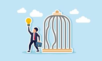 A businessman escapes from a cage holding a lamp, illustration of overcoming business challenges through the use of creative ideas and innovation vector