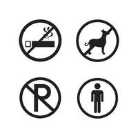 A set of four circular prohibition signs indicating restrictions on smoking, dogs, parking, and people. Simple, black and white design. vector