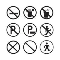 A set of nine prohibition and access symbols, including no smoking, no food and drinks, no parking, and pedestrian signs. Ideal for public spaces. vector