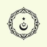 A black and white illustration of an ornate circular emblem featuring a crescent moon and two stars. The emblem is surrounded by a decorative border. vector