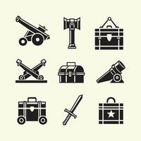 Military equipment icons representing historical weapons and tools for warfare and defense strategies vector
