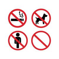 Set of four prohibition signs, including no smoking, no dogs, no entry, and a generic prohibition symbol. Simple, bold design. vector