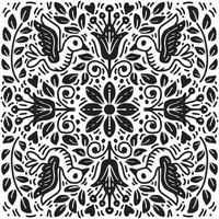 Black and white doodle birds, floral pattern. vector